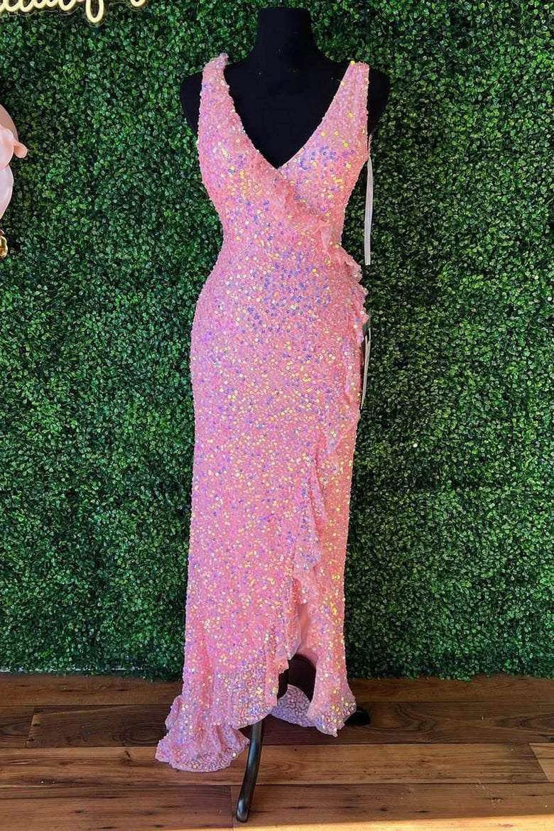 Vestido de fiesta con lentejuelas, escote en V, espalda descubierta y volantes